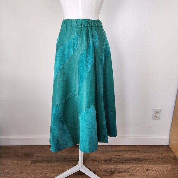 Vintage Green Leather Suede Midi Skirt Unique Geometric Artsy Fits M? SEE NOTE - Picture 3 of 11